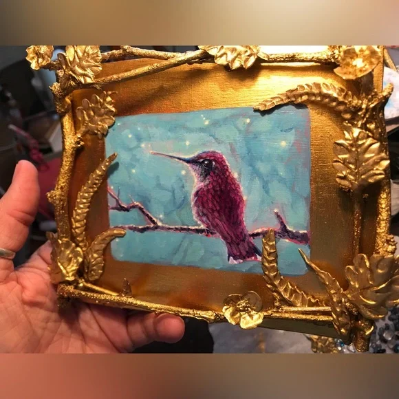 Magenta hummingbird original painting sculpture bird artwork Ooak fantasy art - Picture 4 of 8